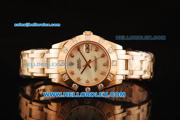 Rolex Datejust Swiss ETA 2836 Automatic Movement Full Rose Gold with White MOP Dial and Diamond Markers - Click Image to Close